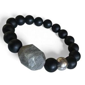 Matte Black 10mm Onyx Stretch Bracelet w/ Faceted Labradorite & Sterling Silver